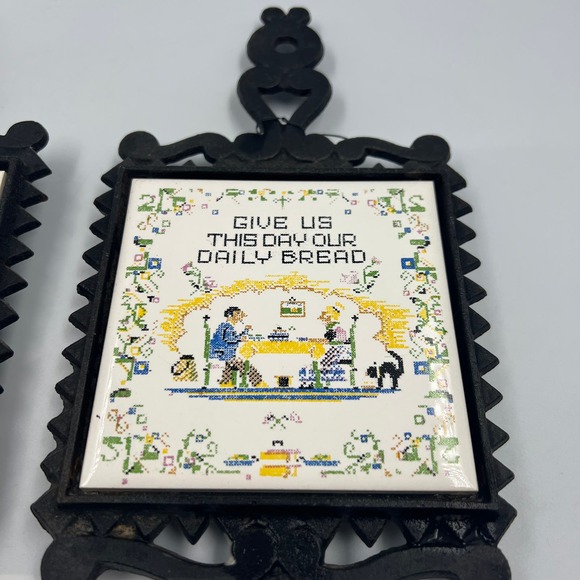 Vintage Ceramic Tile & Cast Iron Trivet MCM MidCentury Daily Bread DAMAGED - Picture 3 of 12